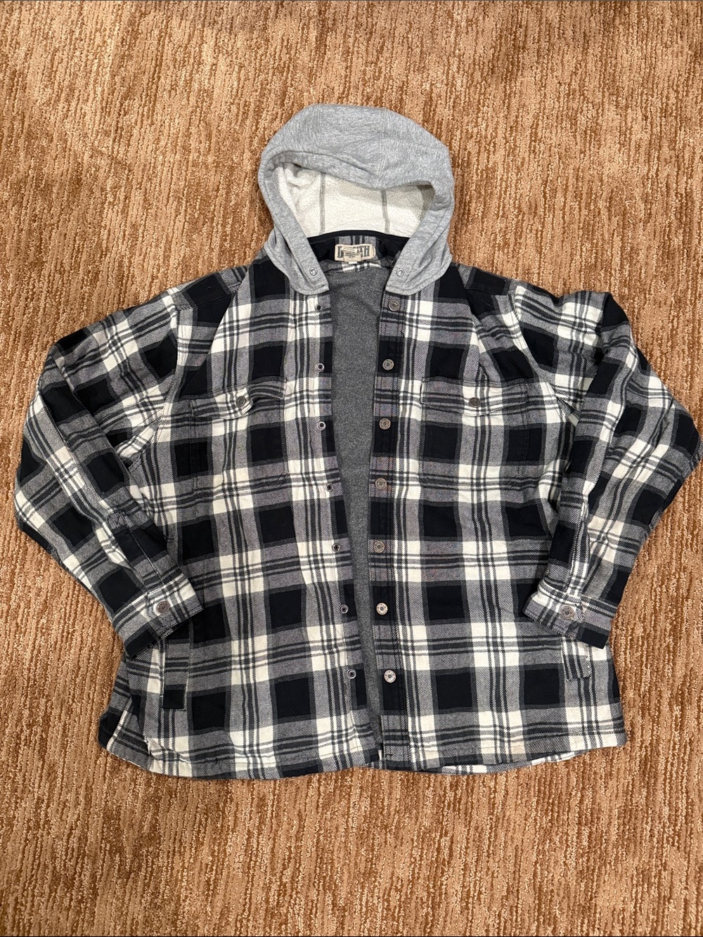 Duluth Trading Co Hooded Black & Gray Plaid Flannel Shirt Jacket